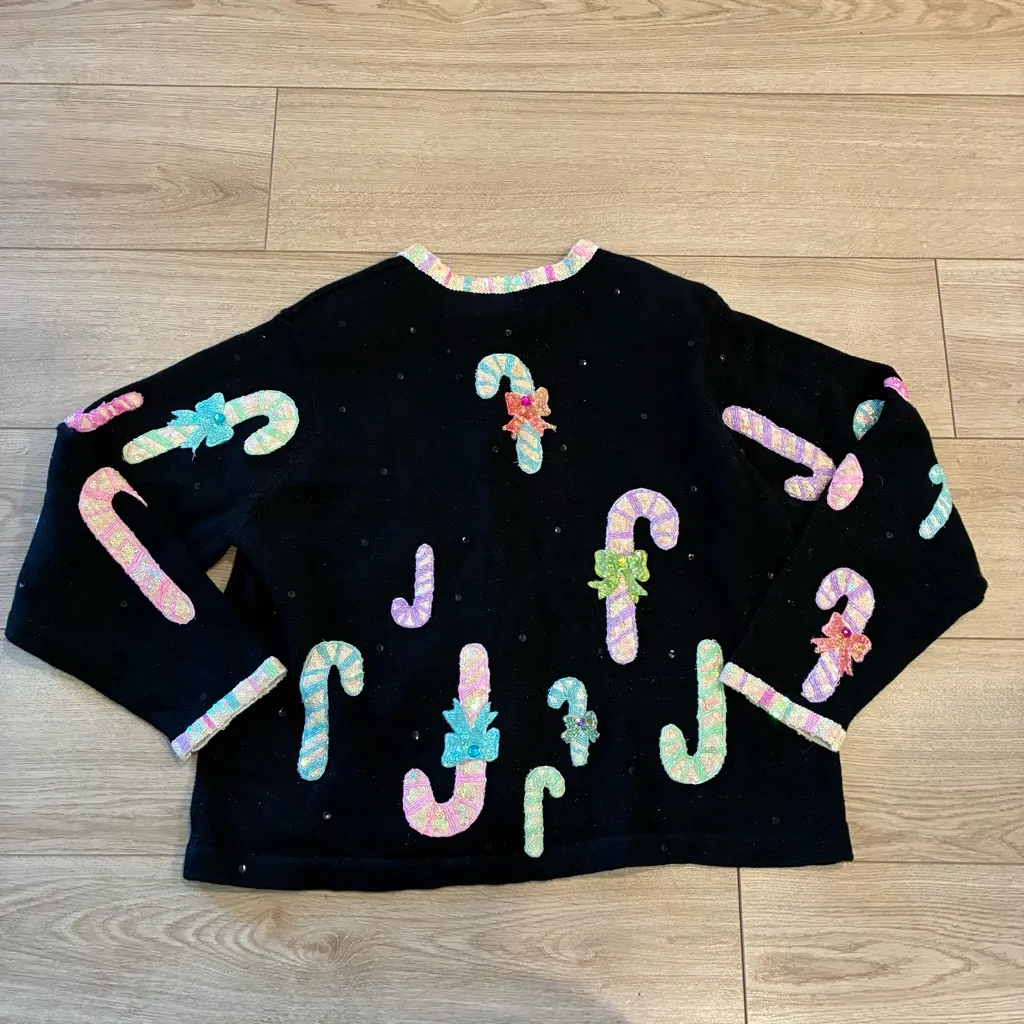 Design Options Philip Jane Gordon Christmas Candy Cane Sequin Cardigan Size XL Black - Image 6