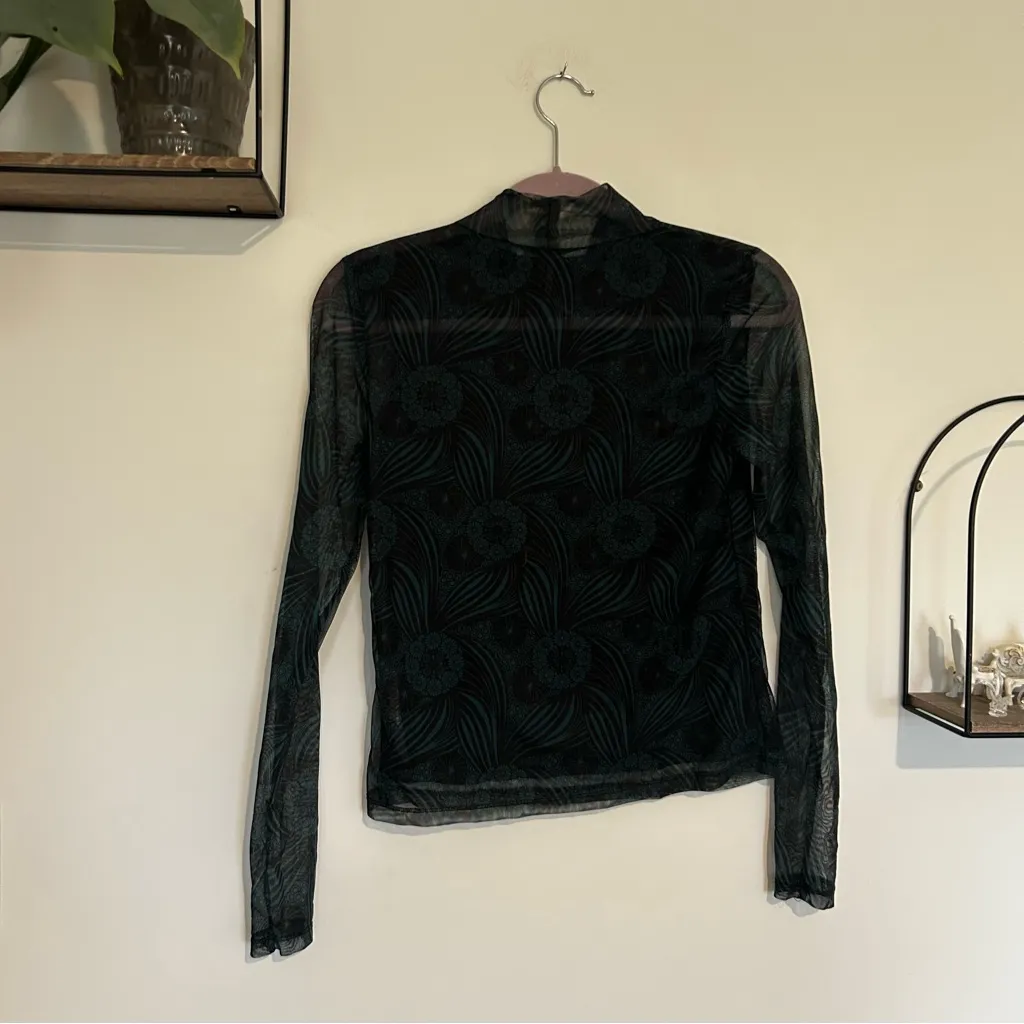 Anthropologie Gauzy Semi Sheer Green Floral Turtleneck Long Sleeve Shirt XS - Image 2