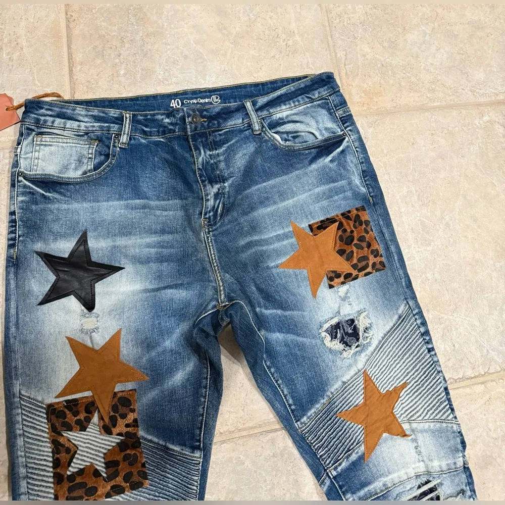 Crysp Denim Skywalker Jeans NWT Distressed Patchwork Star Moto Skinny Blue Size 40 - Image 2
