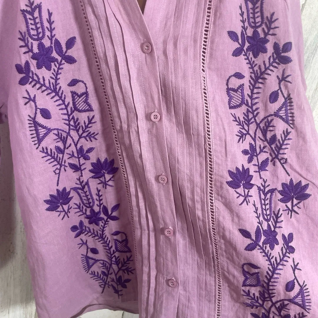 Fate Embroidered Floral Button Front Top Size L Purple Linen Cotton NWT Boho - Image 5