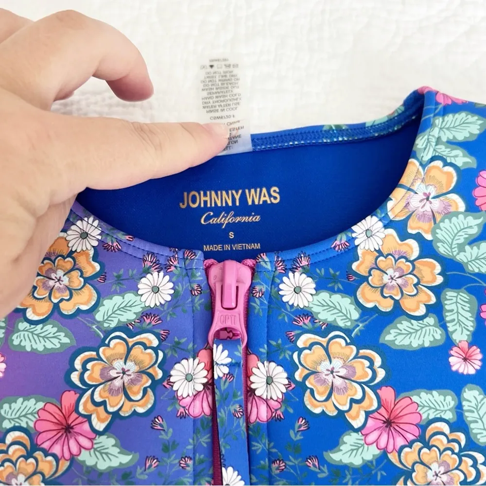 Johnny Was Blue Floral Neoprene Zip One Piece Swimsuit Size Small S NWOT - Image 2