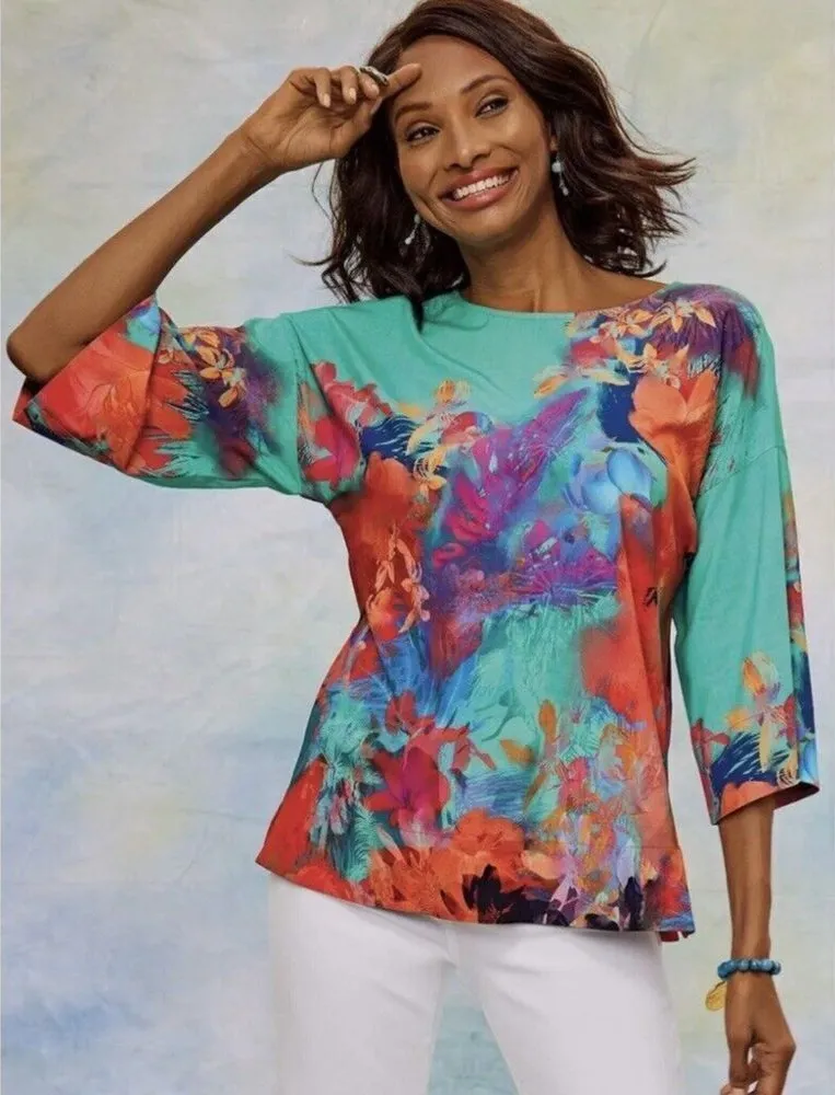 Soft Surroundings Marciana Bright Abstract Sea Reef Colorful Top Women’s Medium - Image 1