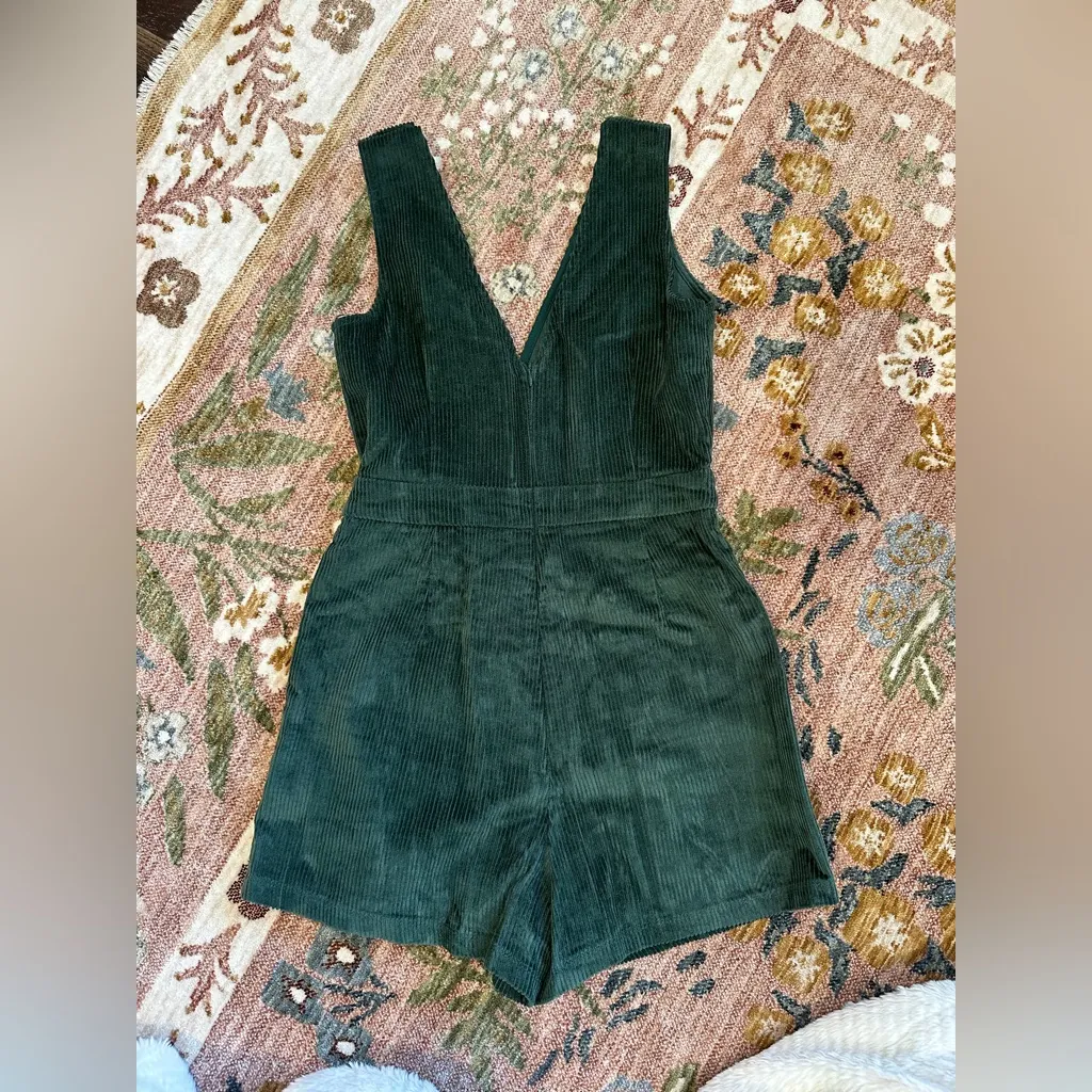 Lulus Absolutely Cute Dark Green  Corduroy Faux-Wrap Skort Romper - Image 4