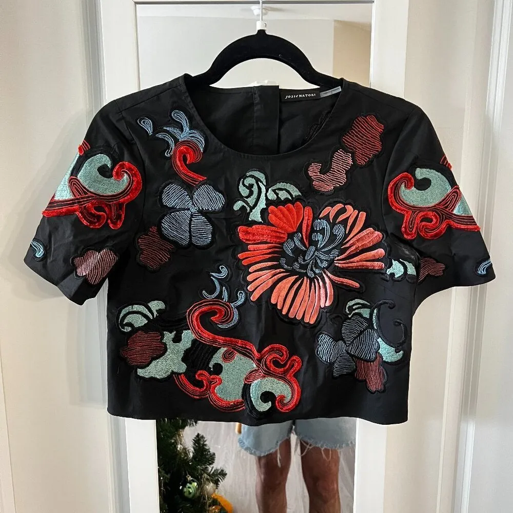 Josie Natori Embroidered Blouse Size 0 Color Black Red - Image 3