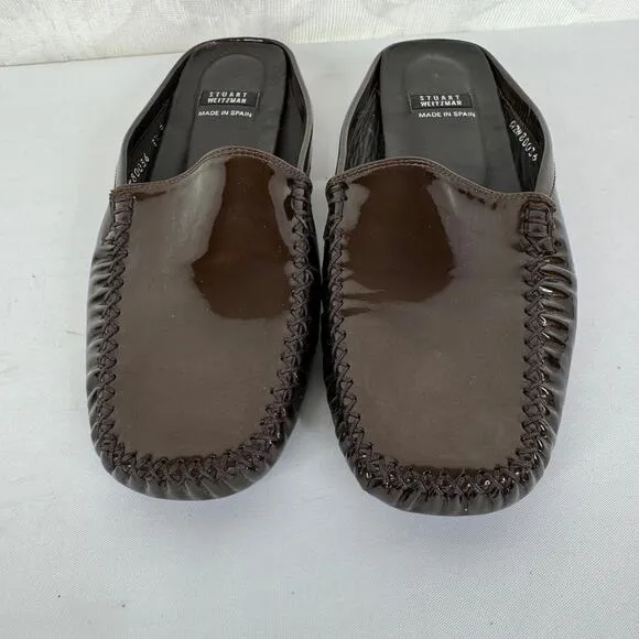 Stuart Weitzman Turtle Bronze Patent Leather Brown Mules Slides‎ Size 7.5 - Image 5