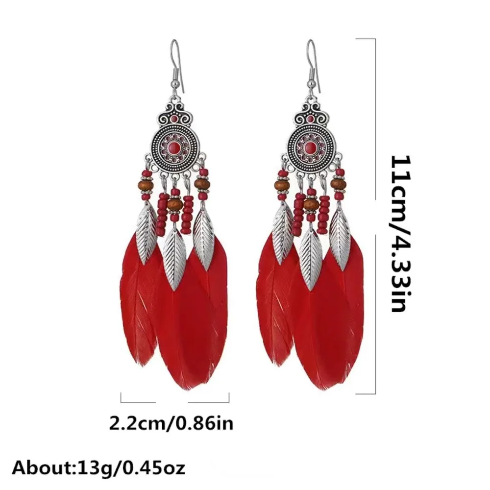 Bohemian Red Feather Tassel Silver Plated Earrings With Rice Beads *Faux Fashio - Image 3