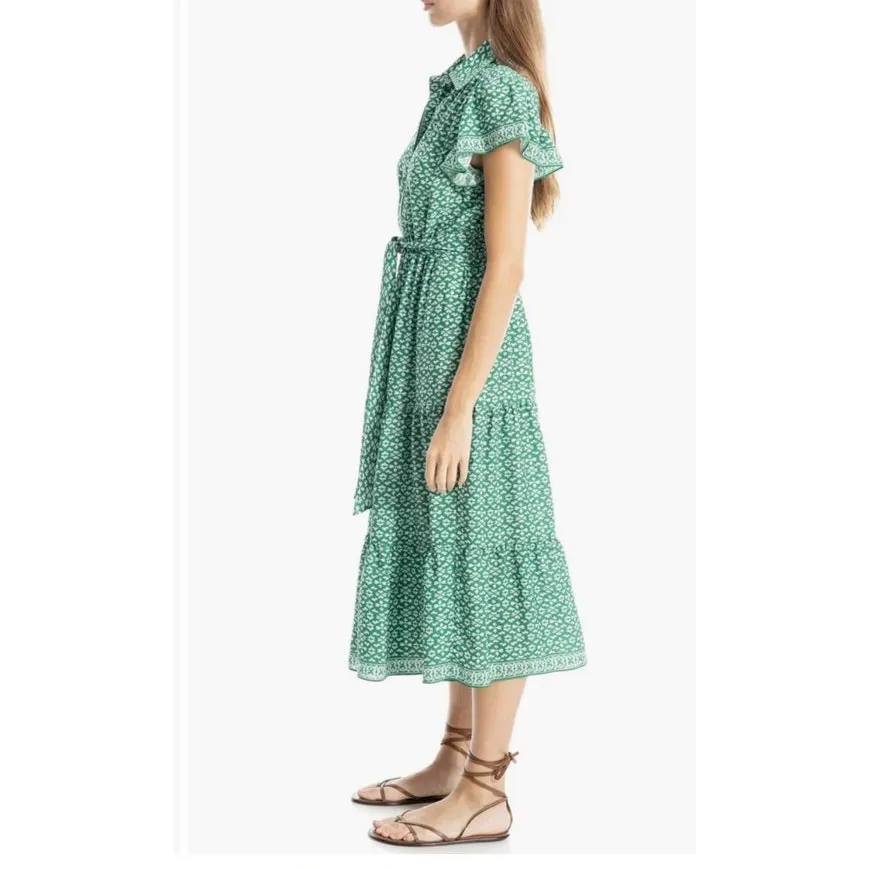 Max Studio London Green Geo Print Tie Waist Shirt Midi Dress Short Sleeve Size L - Image 14