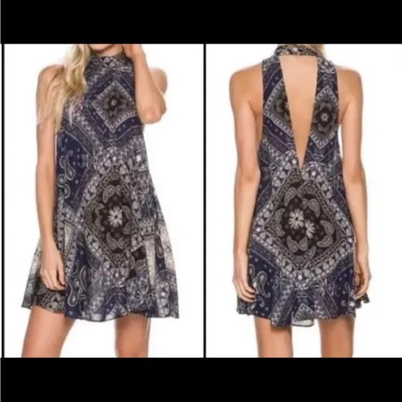 Beaux Halter Mini Dress Paisley High Neck L Navy boho - Image 2
