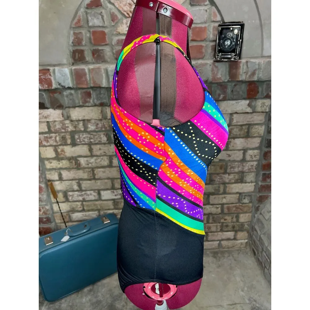one piece swimsuit Sun streak Vintage 1990s pink purple green blue Size 12 - Image 9