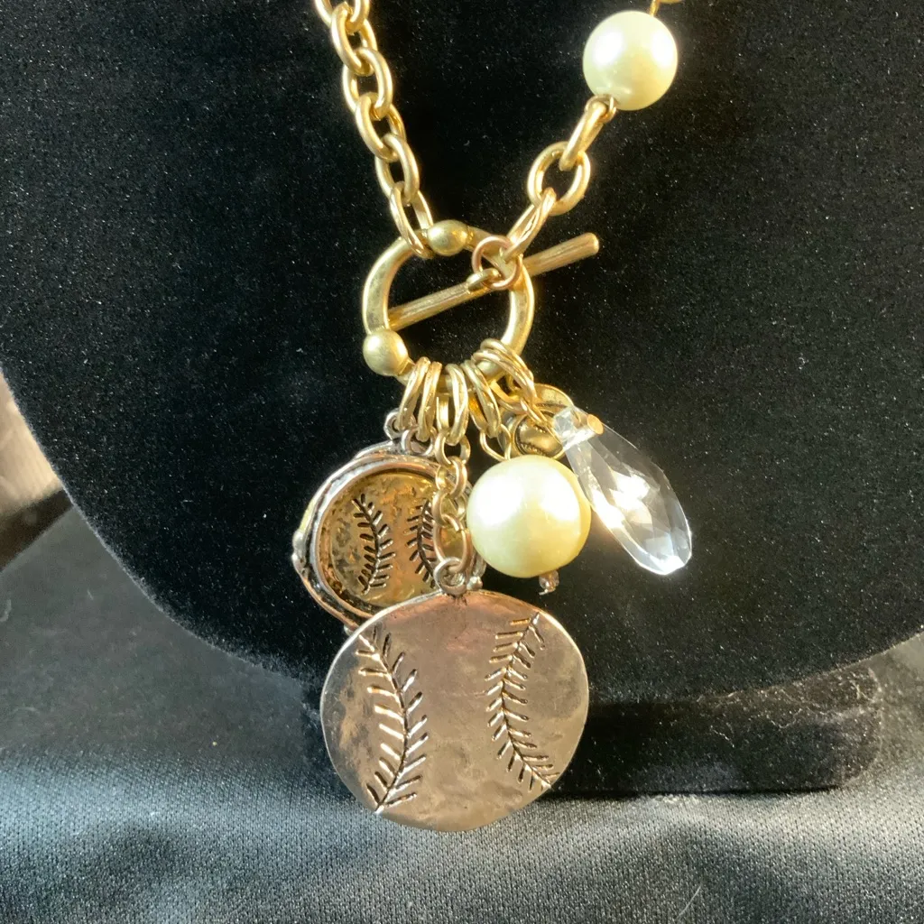 Cluster baseball charms on toggle chain 30” faux pearls and teardrop charms Gold - Image 2