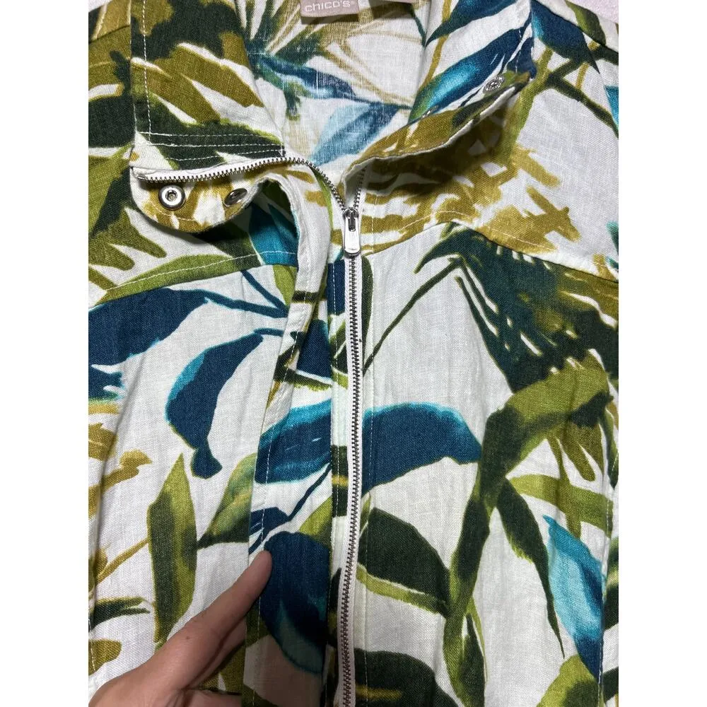 Chicos 100% Linen Jacket 2 Large 12 14 Cream Green Palm Leaves Tropical Hawaiian - Image 5