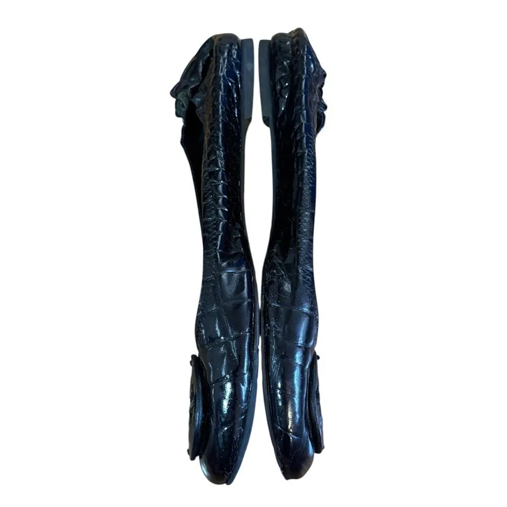 TORY BURCH Reva Black Leather Croc Print Ballet Slip On Flats Scrunch Back 11M - Image 8