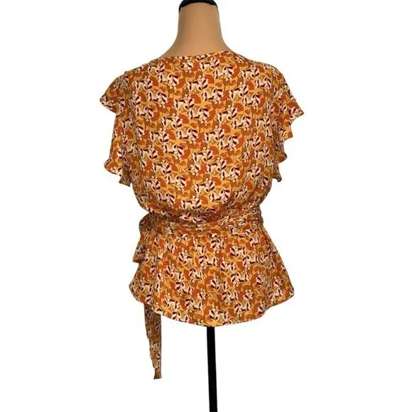 Max Studio Floral Wrap Blouse Flutter‎ Sleeve Tie Waist Autumn Colors Top - Image 4