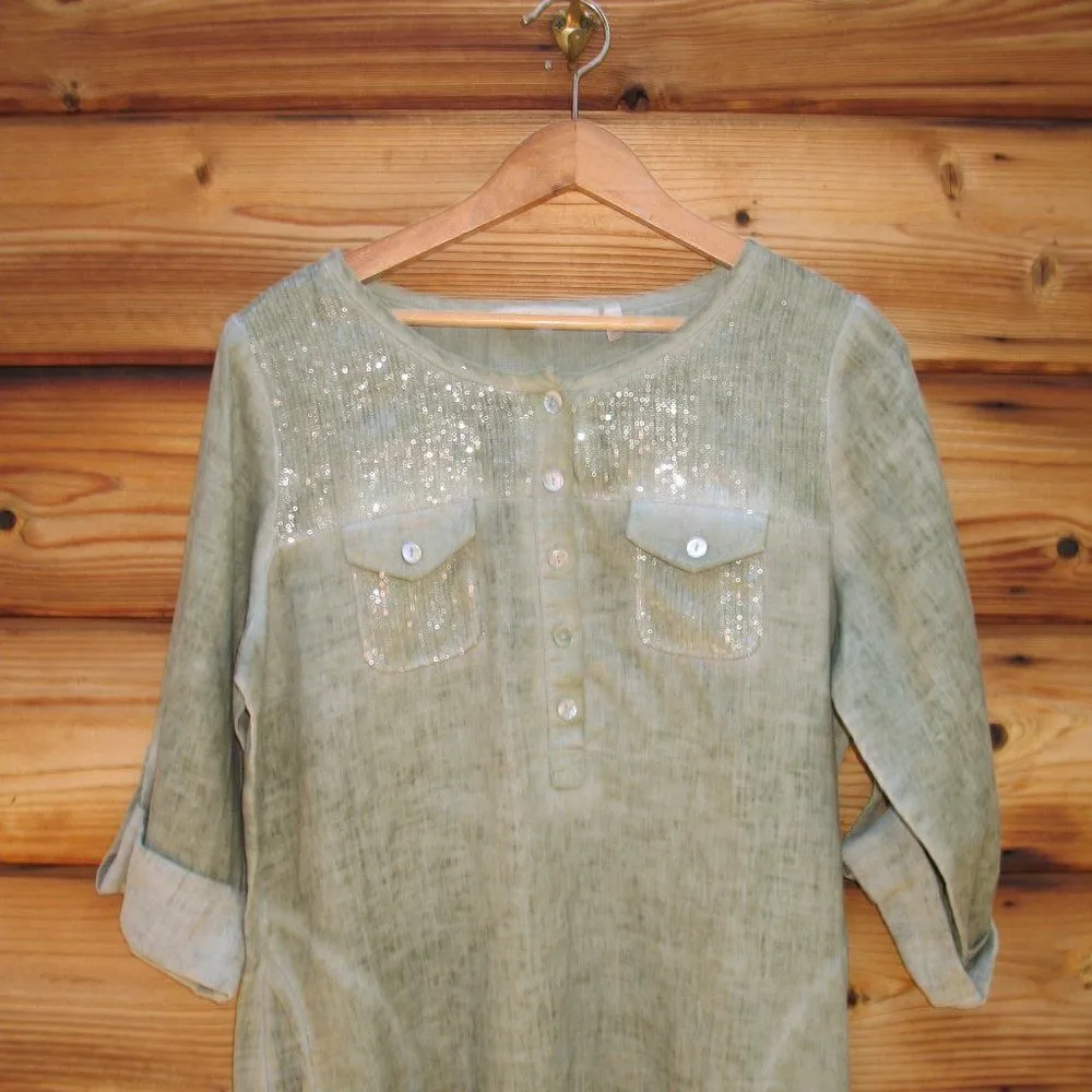 Green Sequin Linen Tunic Top - Image 4