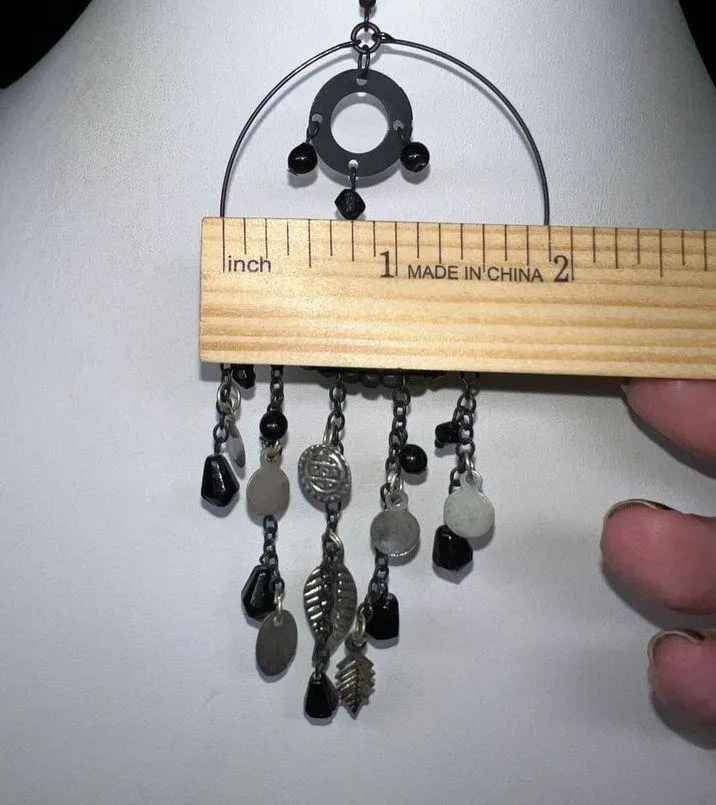 Boho Silver Tone and Black Beaded Large Hoop and Dangle Earrings - Image 5