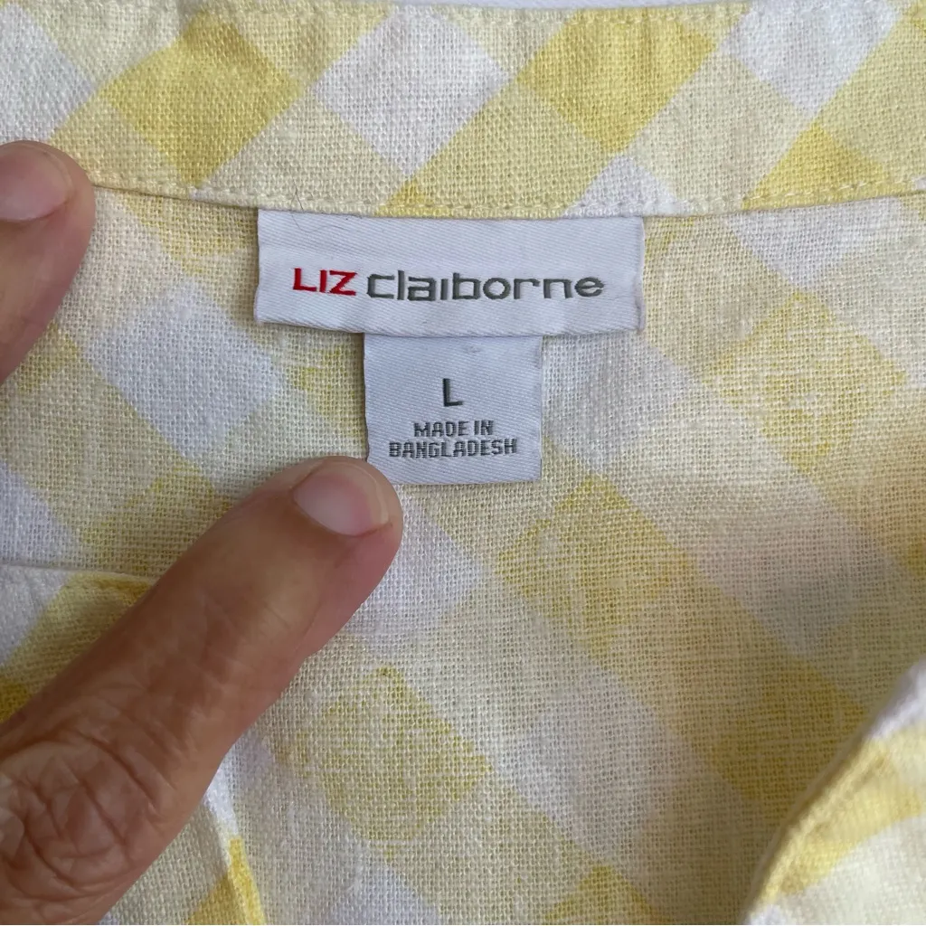 Liz Claiborne Split Crew Neck Sleeveless Top Women’s Large Yellow White Plaid - Image 3