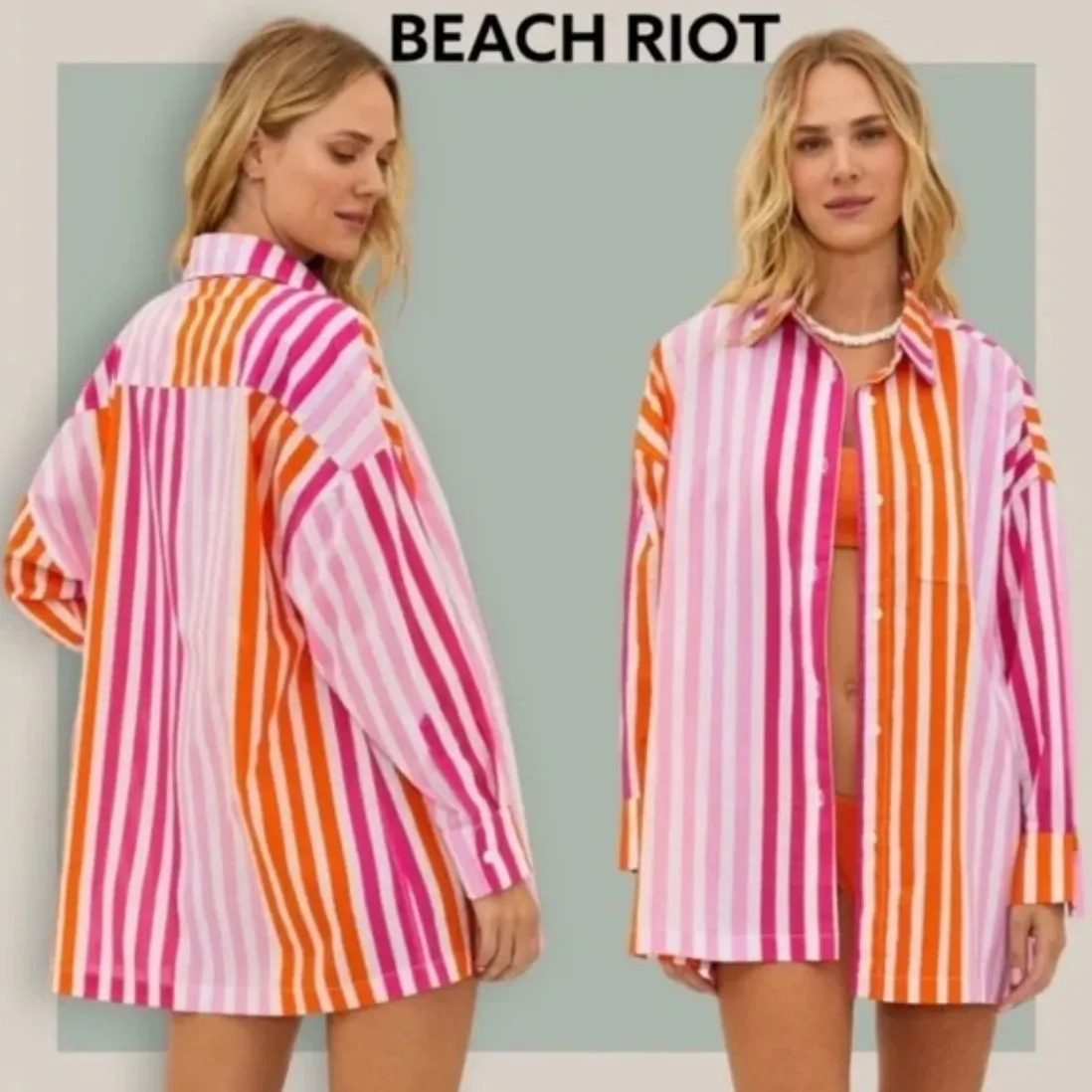Beach Riot Alexa Top Sunset Stripes Cover Up Size PL Pink, Orange and White - Image 2