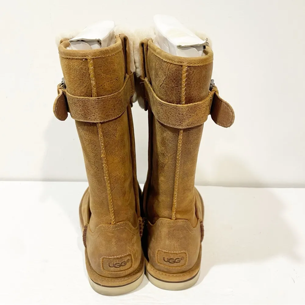 Ugg Australia Size 8 Willow Brown Leather Fleece Lined High Boots Buckle - Image 4