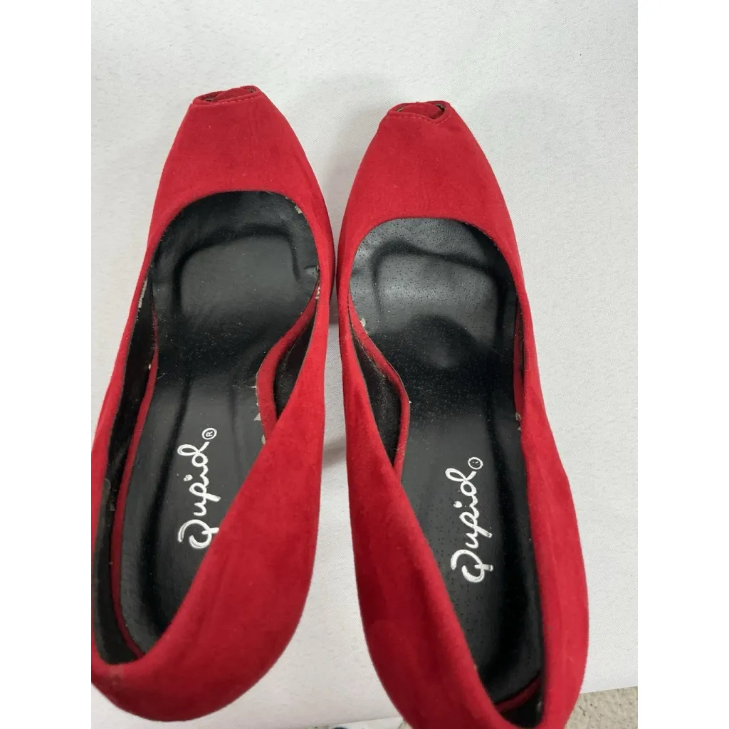 Womans Qupid Stiletto Pumps 6.5 Red Peep Toe - Image 6