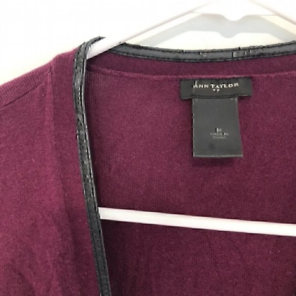 ANN TAYLOR Plum Purple Vegan Faux Leather Trim Button Down Cardigan Sweater M - Image 8