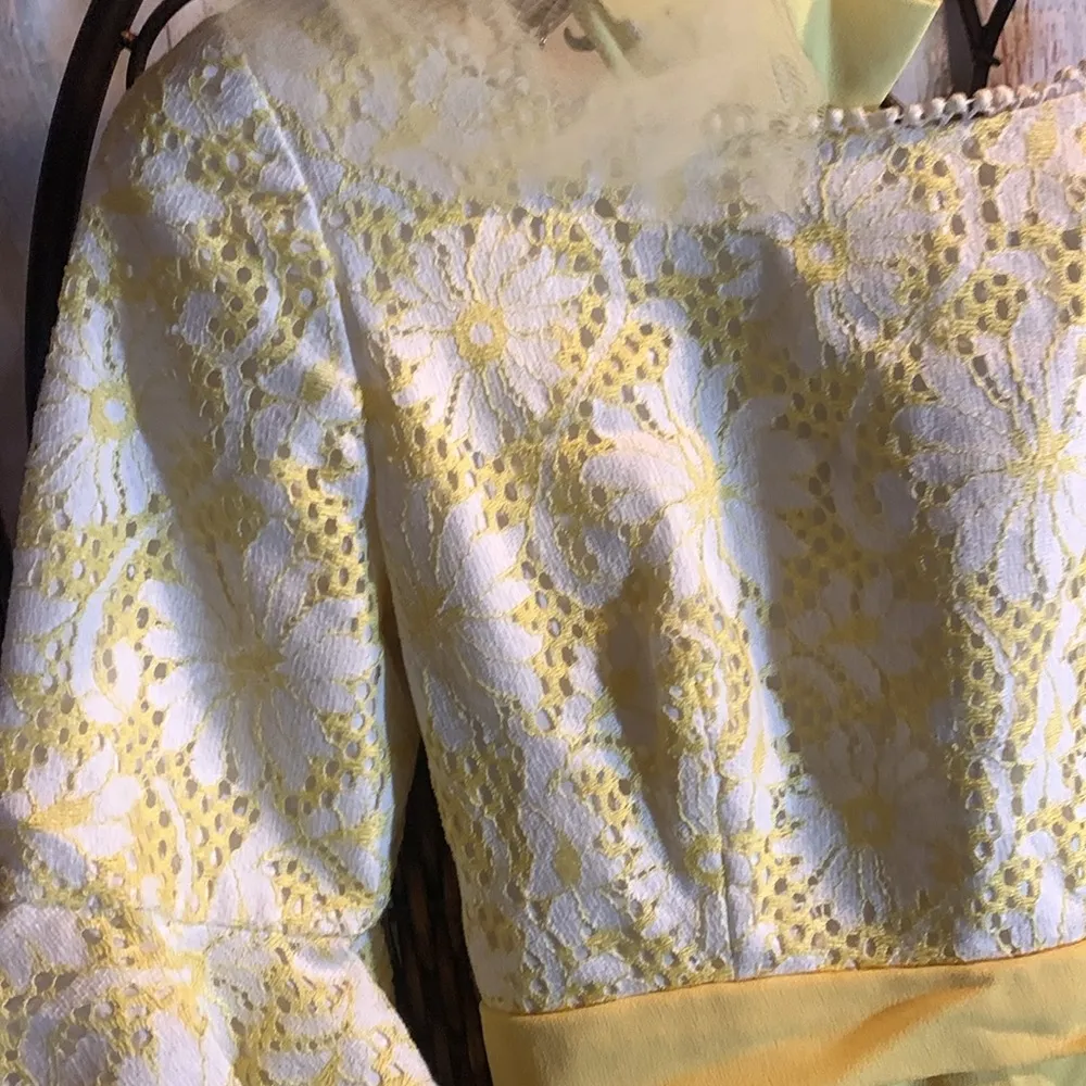 Vintage Yellow & White Gown & Veil Headpiece XS - Image 4