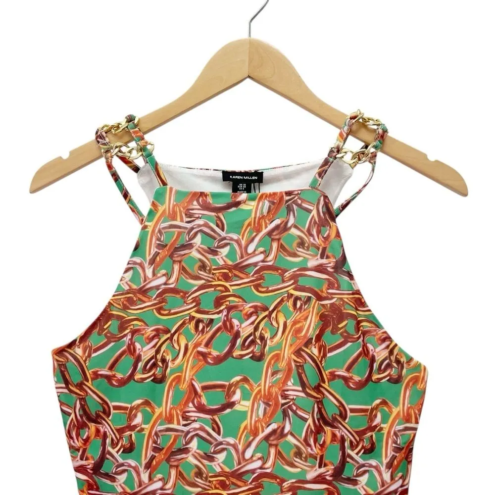 NWT Karen Millen Chain Print Cut Out Jersey Crepe Top Green Gold Sleeveless Sz 6 - Image 5