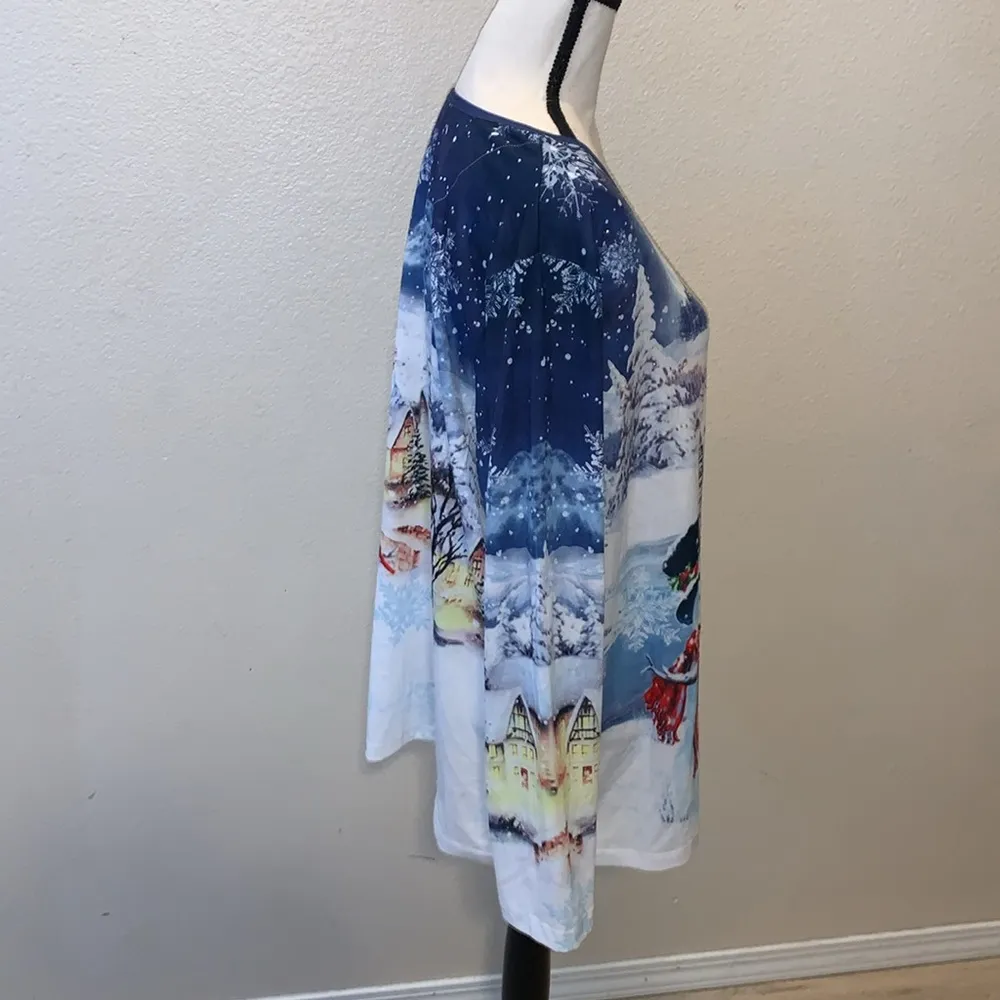 Erika  winter scene snowman cottage sequined long sleeve top - Image 7