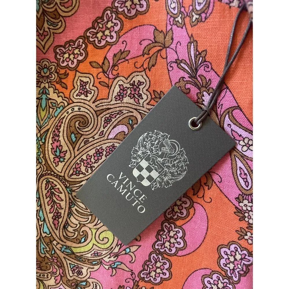 Vince Camuto Off Shoulder Puff Sleeve Paisley Linen Dress Orange Pink 18W - Image 5