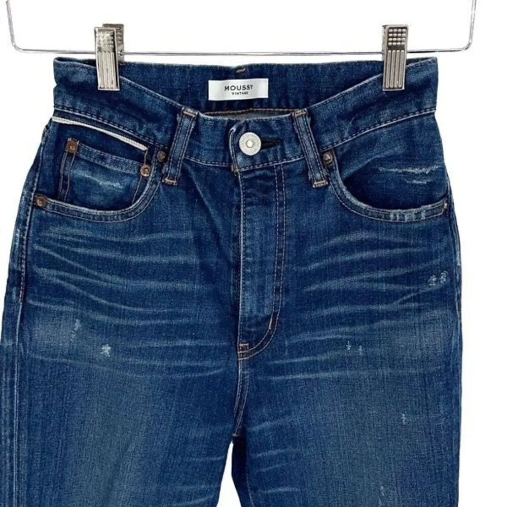 Moussy Vintage Womens Rhode Cropped Distress Hi Rise Flare Denim Jeans Blue Sz 2 - Image 4