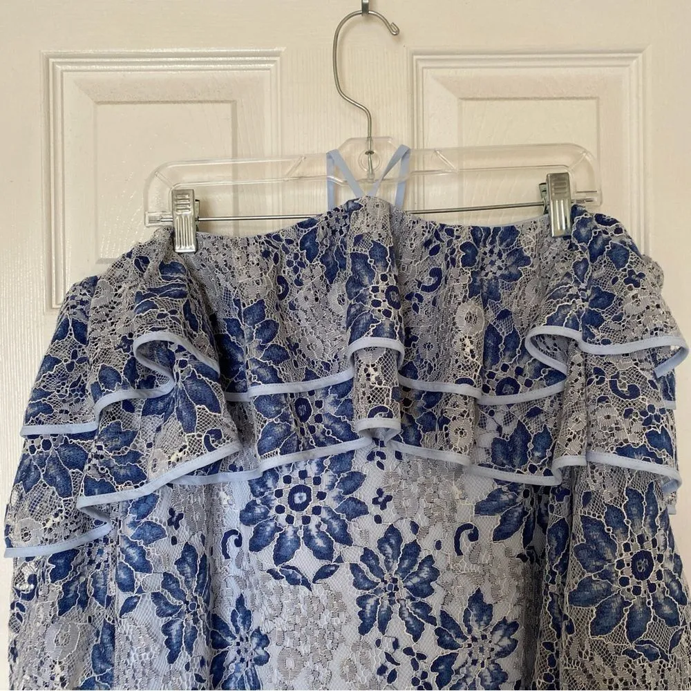 REBECCA MINKOFF Dena Blue Lace Ruffle Shoulder Dress Size Medium - Image 4
