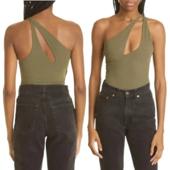 Alix NYC NEW Page One Shoulder Cut Out Thong Bodysuit Olive Military Green Small - Image 2