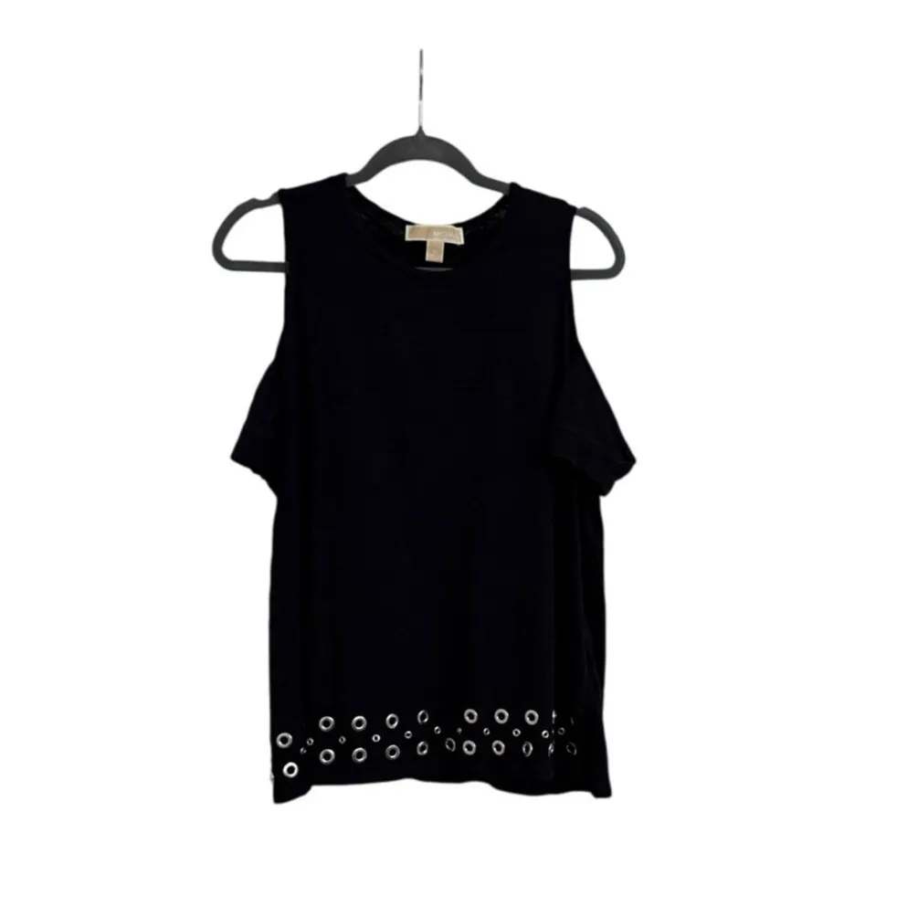 Michael Kors Blouse Silver Grommet Black Cold Shoulder Shirt Size Women's Medium - Image 3