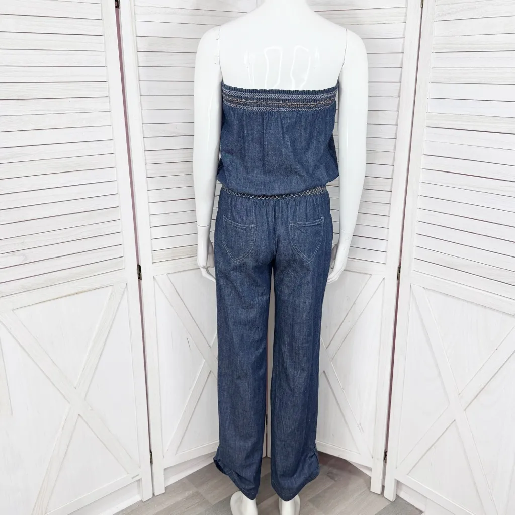 Poetry Boho Smocked Strapless Wide Leg Chambray Jumpsuit Denim Blue Small - Image 4