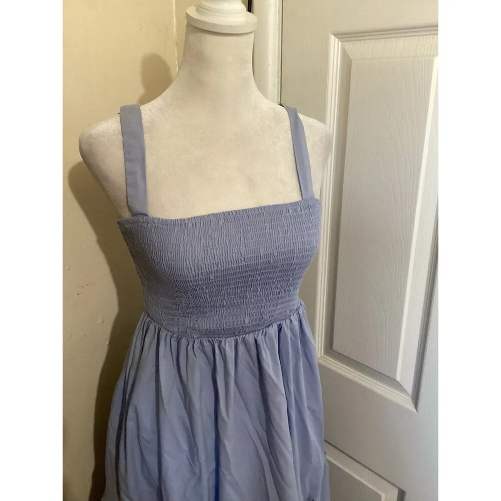 Bishop & Young Light Blue Smocked Poplin Tiered Midi Dress Cotton XS - Image 3