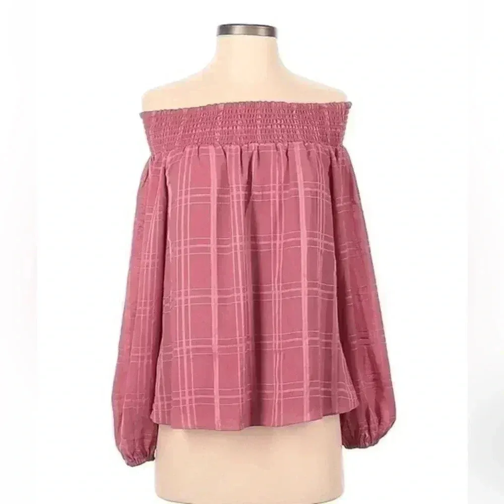Parker | Classic Chic Pink Plaid Off The Shoulder Long Sleeve Blouse Size XS - Image 2