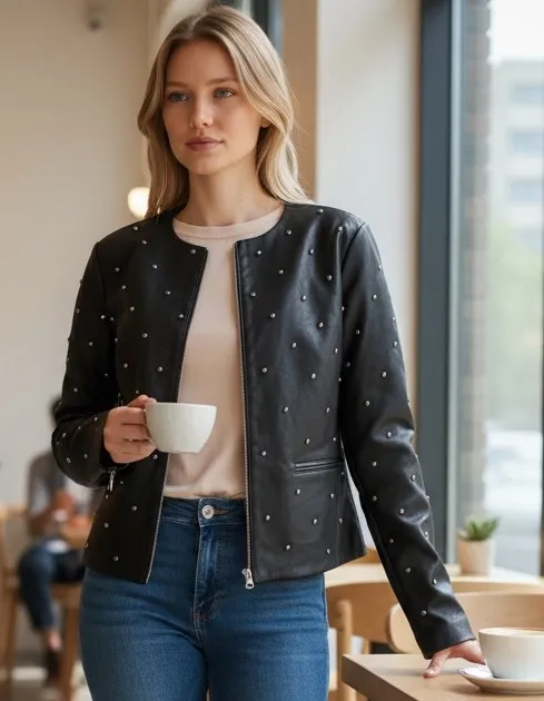 NWT $168 Bagatelle Collection Women's Studded Faux Leather Jacket Black - Image 1