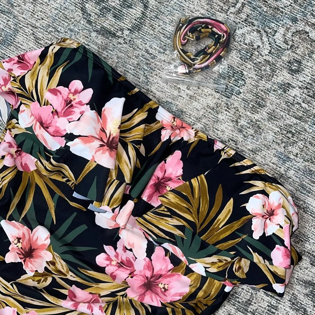 Kona Sol Womens Tropical Floral Ruffled Neck‎ Bandeau One Piece Swimsuit Medium - Image 5