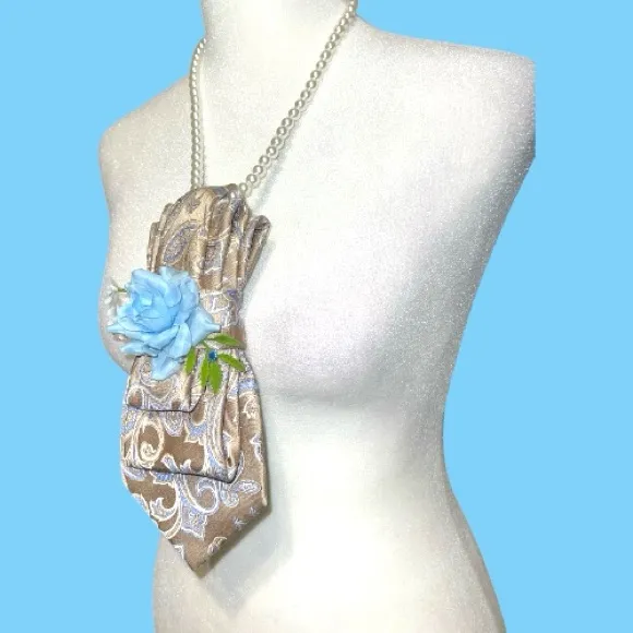 “Dainty Dapper”gray necktie necklace with Blue Floral design and flower. - Image 6