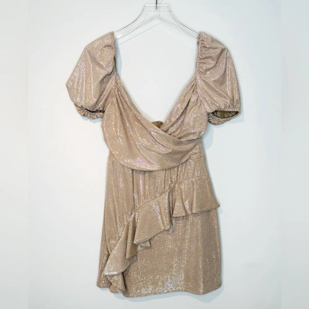 Tularosa Zina Tan Nude Metallic Silver Puff Sleeve Knit Mini Dress Size M NWT - Image 3