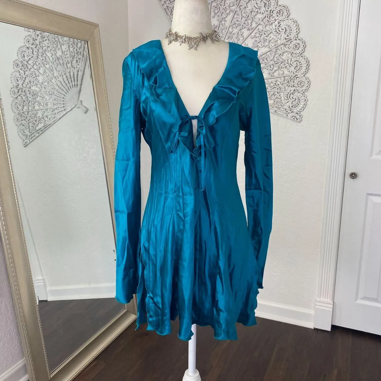 Deadstock Frederick's Of Hollywood Teal Ethereal Frilly Ruffle Silk Dress Top M - Image 2