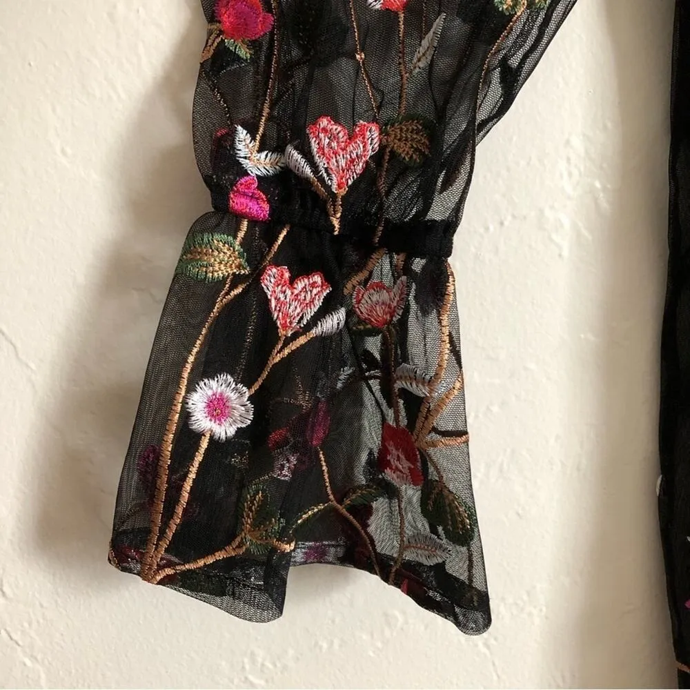 Guess Black Embroidered Floral Open Shoulder High Neck Bell Sleeves Mini Dress - Image 4
