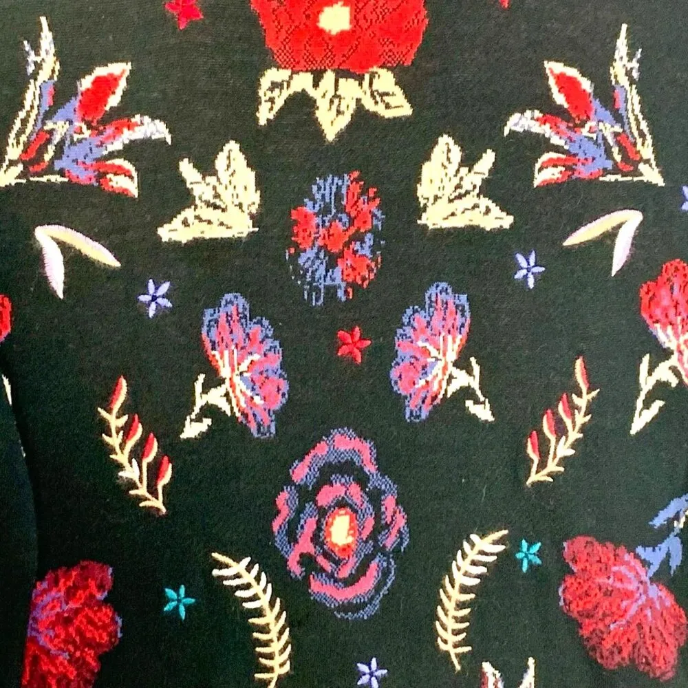Black Floral Embroidered Cottagecore Sweater Pullover Art To Wear Artisanal Size M - Image 4