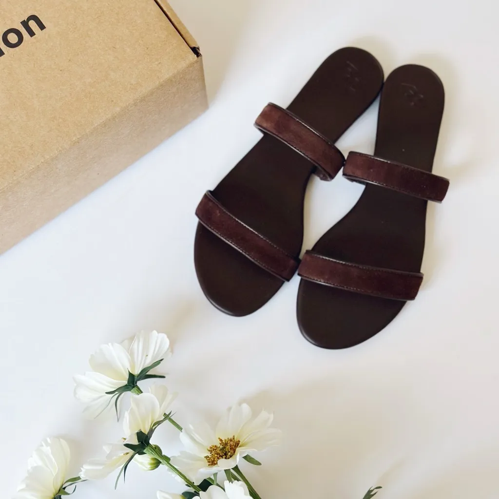 Reformation Lenora Flat Sandal Espresso Leather Suede - Image 4