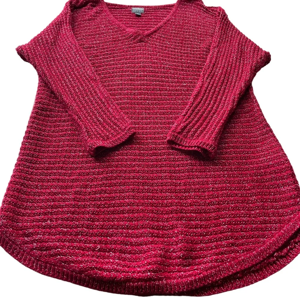 SOHO New York & Co Tunic Sweater Cable knit Ruby Red medium V-neck workwear - Image 3