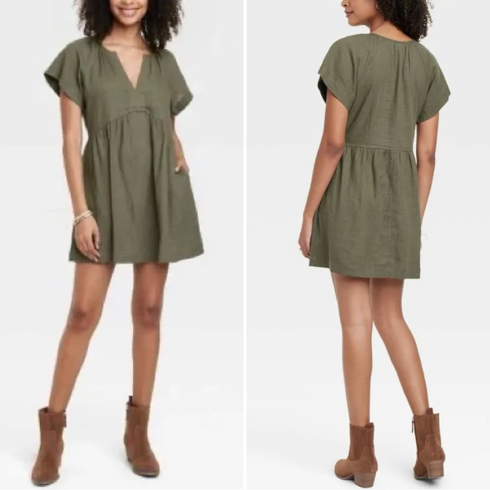Universal Thread Linen Blend Olive Green Short Sleeves Shift Dress, Sz Large - Image 2