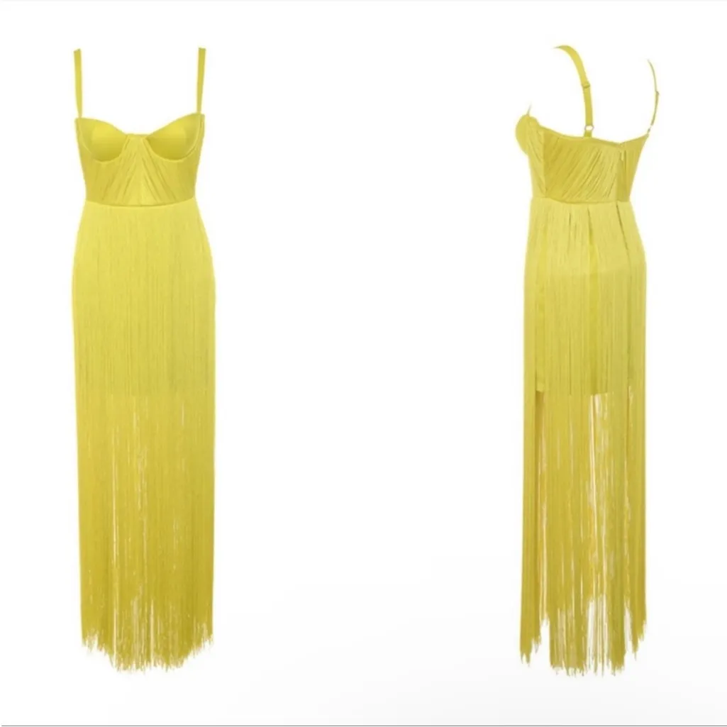 HOUSE OF CB 'Emee' Acid Yellow Satin
Fringe Dress - Image 4