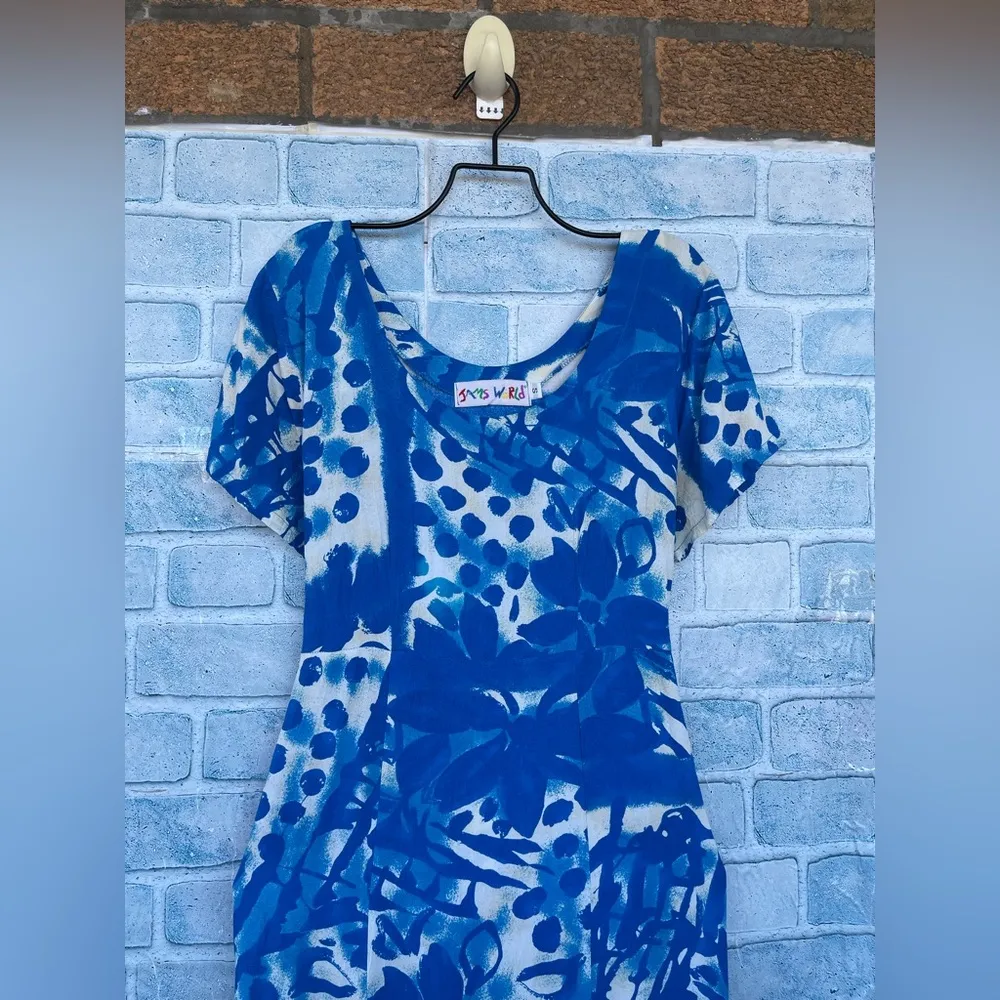 jams world womens dress blue floral doodle ruffled hem waist tie vintage small - Image 3