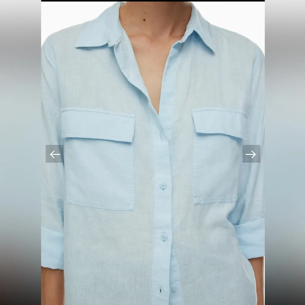 Aritzia Babaton light blue linen blend utility button up shirt flap pockets S - Image 3