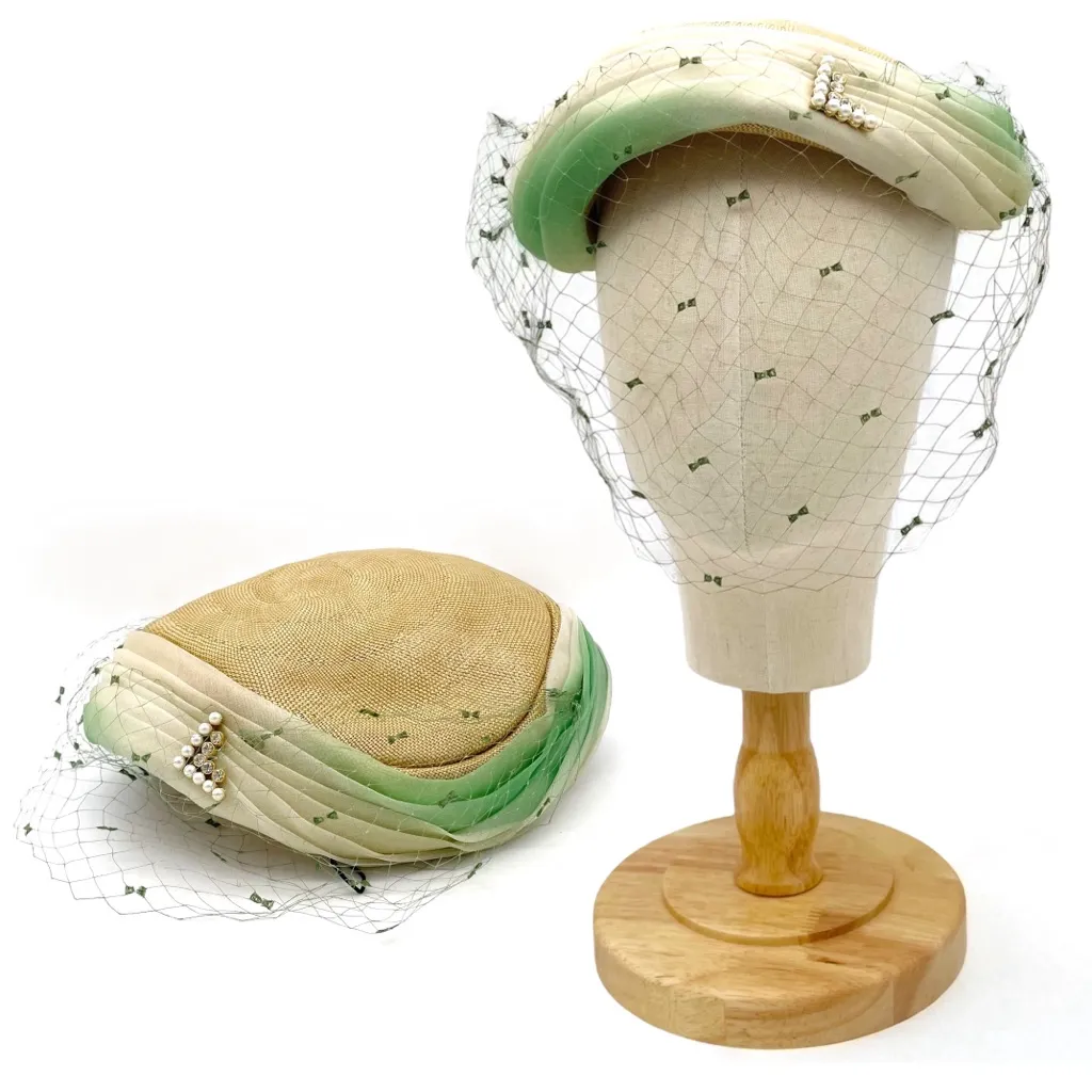 Vintage 1950s Ombre Silk & Straw Pillbox Hat Rhinestone Clip With Mesh Veil 22.5 Green - Image 14
