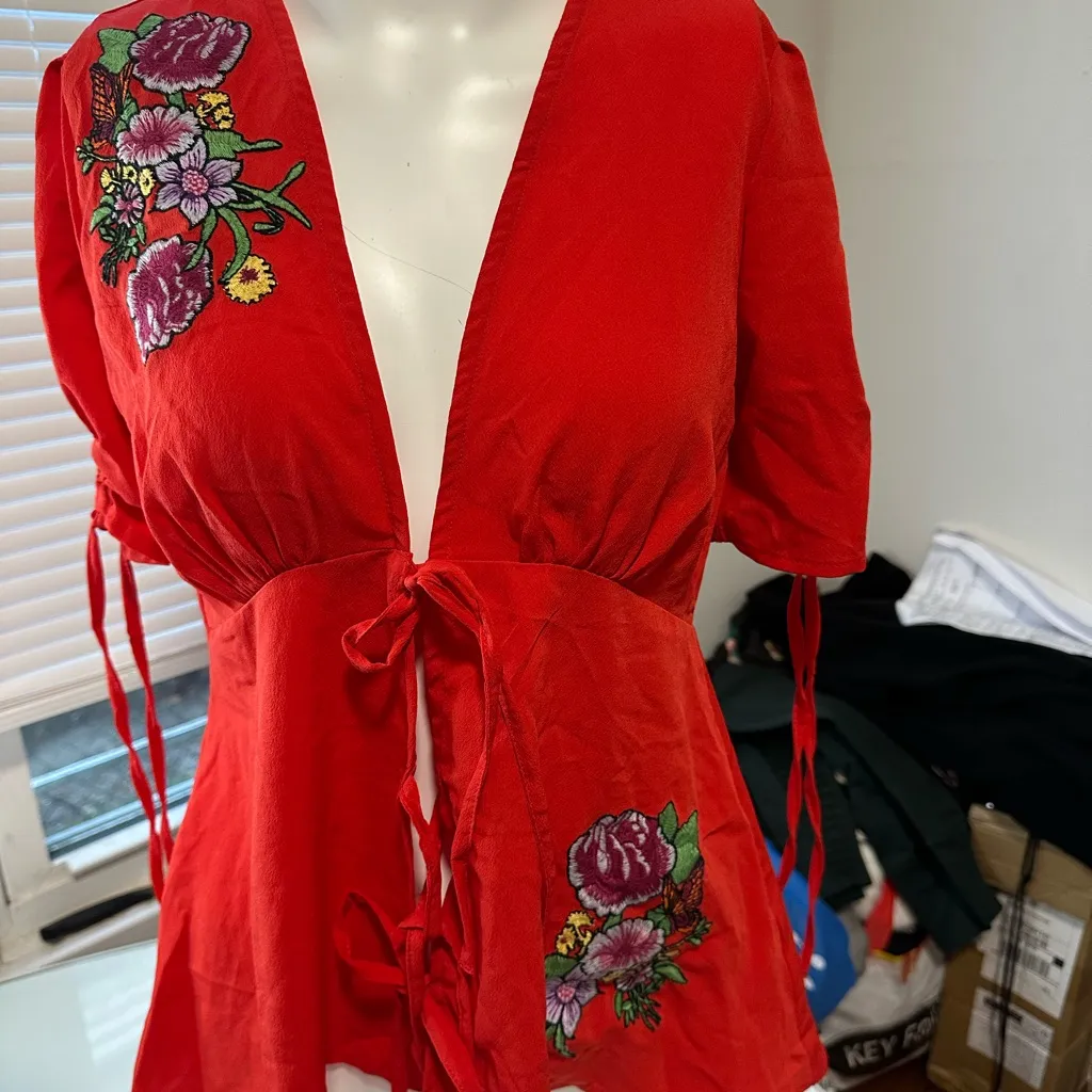 ASOS Red Floral Blouse with Tie Front - Image 3